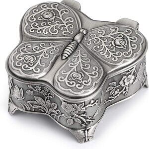 Silver Jewelry Trinket Box Butterfly Shape Treasure Chest Ring Earrings Metal
